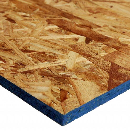 A close-up of an oriented strand board (OSB) panel with a blue-painted edge, showing its layered wood strands and textured surface.