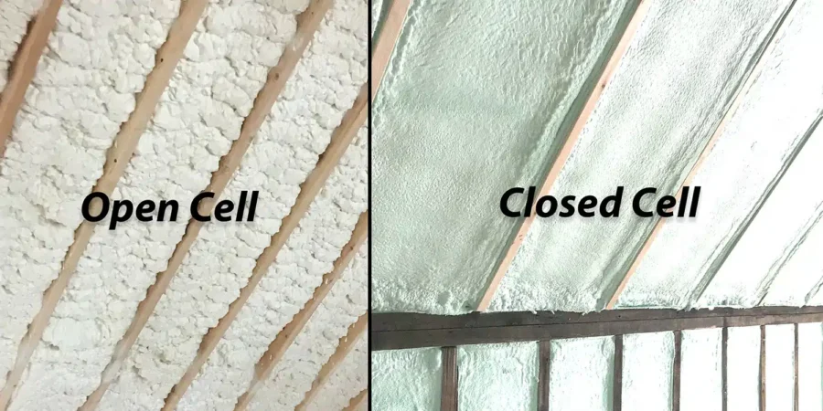 Side-by-side comparison of open cell and closed cell spray foam insulation applied between wooden rafters, showing texture differences. Text labels identify each type.