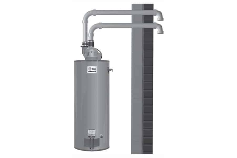 A gray water heater with two vent pipes extending horizontally to a vertical vent stack mounted on a wall. The water heater has a cylindrical shape and a label on the front.