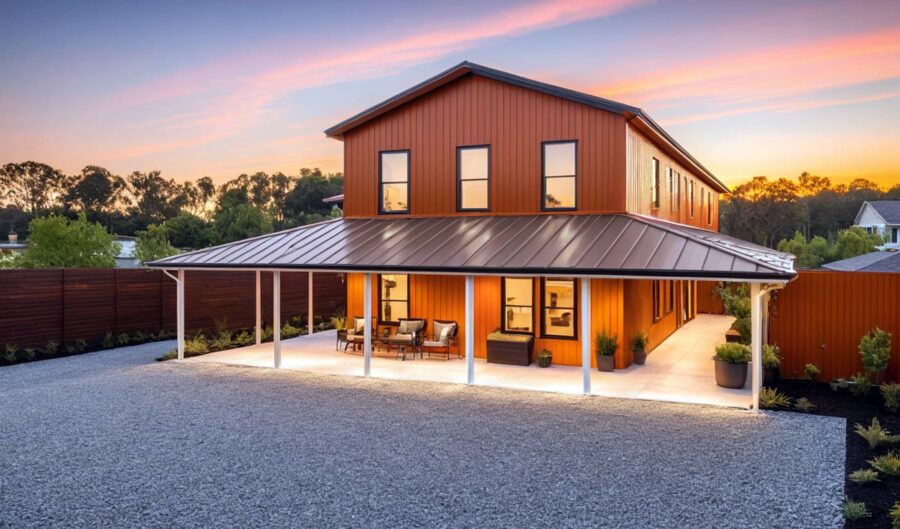 A modern orange barn-style house with a metal roof, large covered porch, and outdoor seating, set on a gravel driveway, surrounded by greenery at sunset.