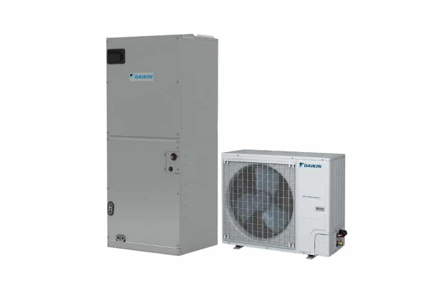 Two Daikin HVAC units: a tall, rectangular indoor air handler on the left and a compact outdoor heat pump condenser unit with a fan on the right, both set against a plain white background.